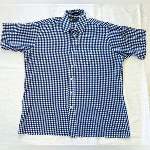 🌷VTG Mens Linen Gingham Plaid Check Short Sleeve Button Shirt Bloomingdales XL